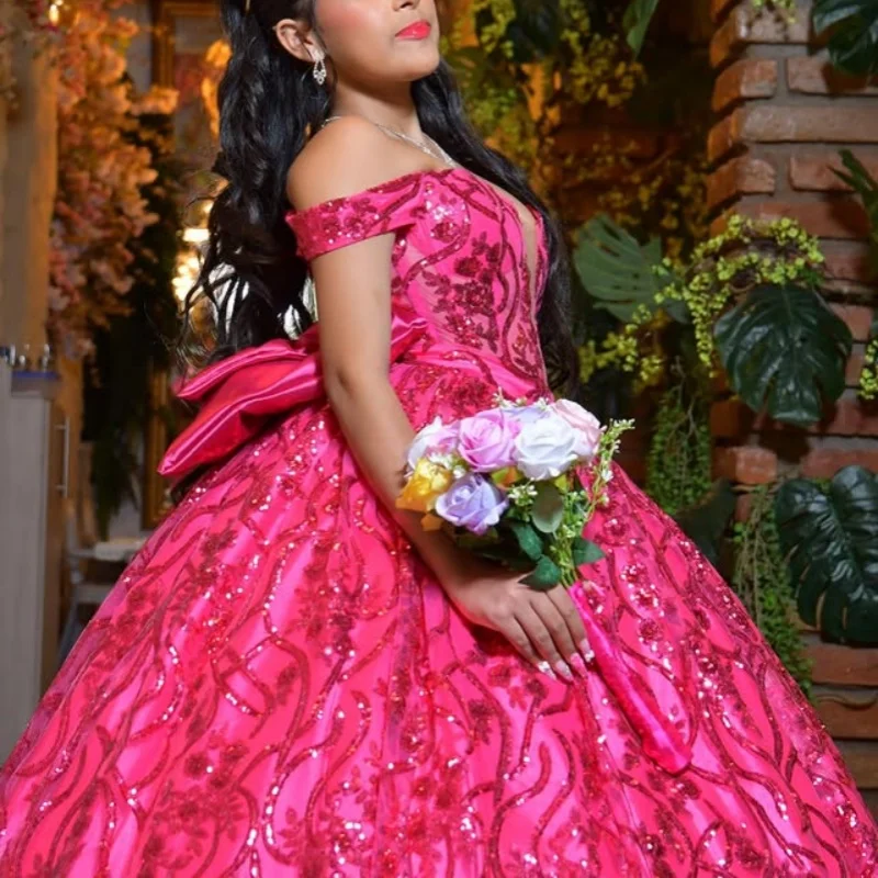

Shiny Rose Pink Quinceanera Dress off-shoulder Crystal Decal Long tail Bow vestidos de 15 Quinceanera ﻿Customize