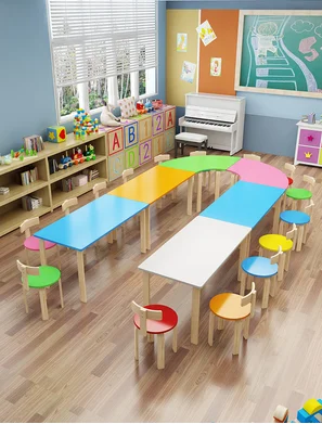 Table de maternelle en bois massif pour enfants, combinaison de dessin de l\'école primaire, classe de formation, cours d\'éducation précoce