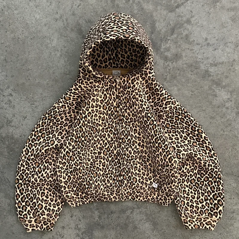 Y2K Retro 2 Piece Set Leopard Pattern Streetwear Men Women Trendy Harajuku Boxy Pullover Zipper Hoodie Oversized Track Pants Set