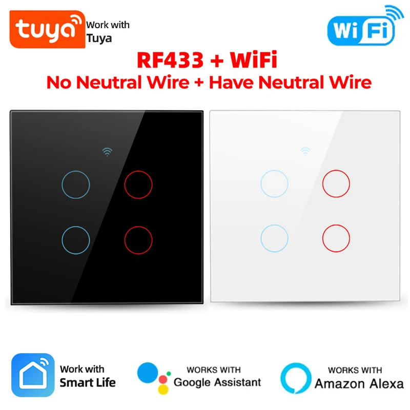 

Tuya Smart Glass Panel Switch Smart Life/Tuya App Multi-Control Association, Voice Control with Alexa,Google Home,1/2/3/4 Gang