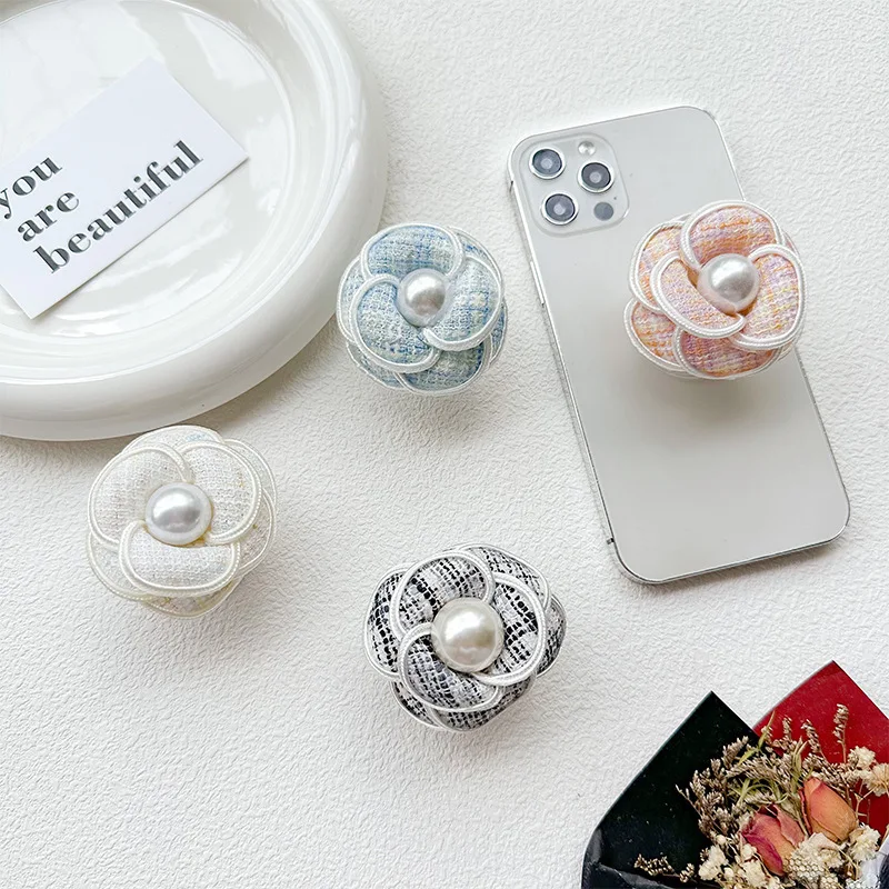 

Новый Простой Портативный Держатель для Телефона с Жемчугом и Цветочным Узором Камелии, Прозрачный Держатель для Телефона из Ткани