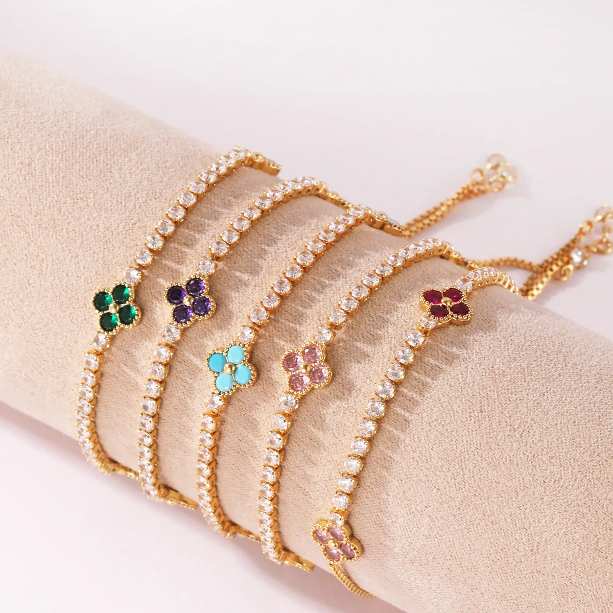 Pulsera Ajustable de Trébol de Zirconia Colorida, Charm de Moda, Charm de Tenis, Exquisita, Linda, Dulce, Brillante, Joyería de Cristal, Regalo