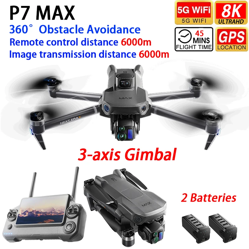 P7 Drone GPS WIFI FPV 6KM 3-axis Gimbal 4K Dual Camera 360° Obstacle Avoidance 7.2