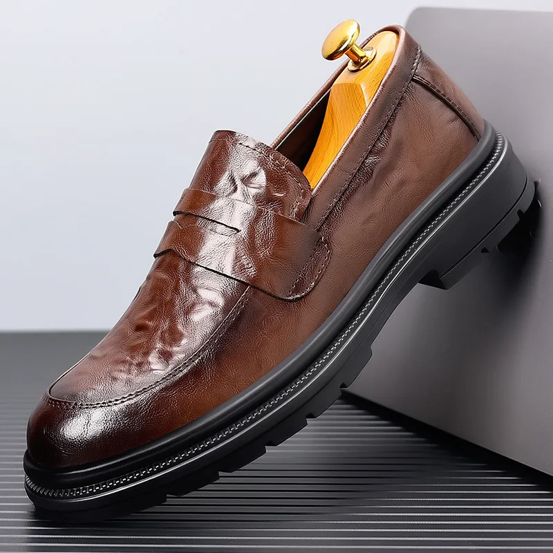 Leather leather shoes men's new foot cover dress hand scratch breathable business casual one pedal leather