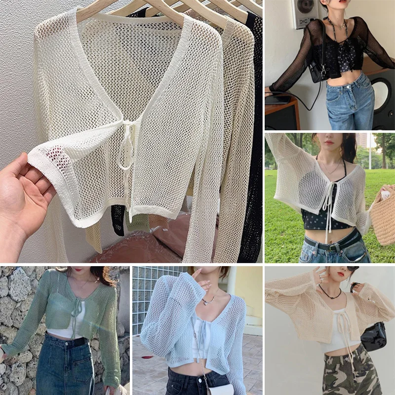 

Summer Women Hollow Knitted Cardigan Lace-up Knitwear Tops Female Korean Style Short Coat Solid Casual Sun Protection Shawl