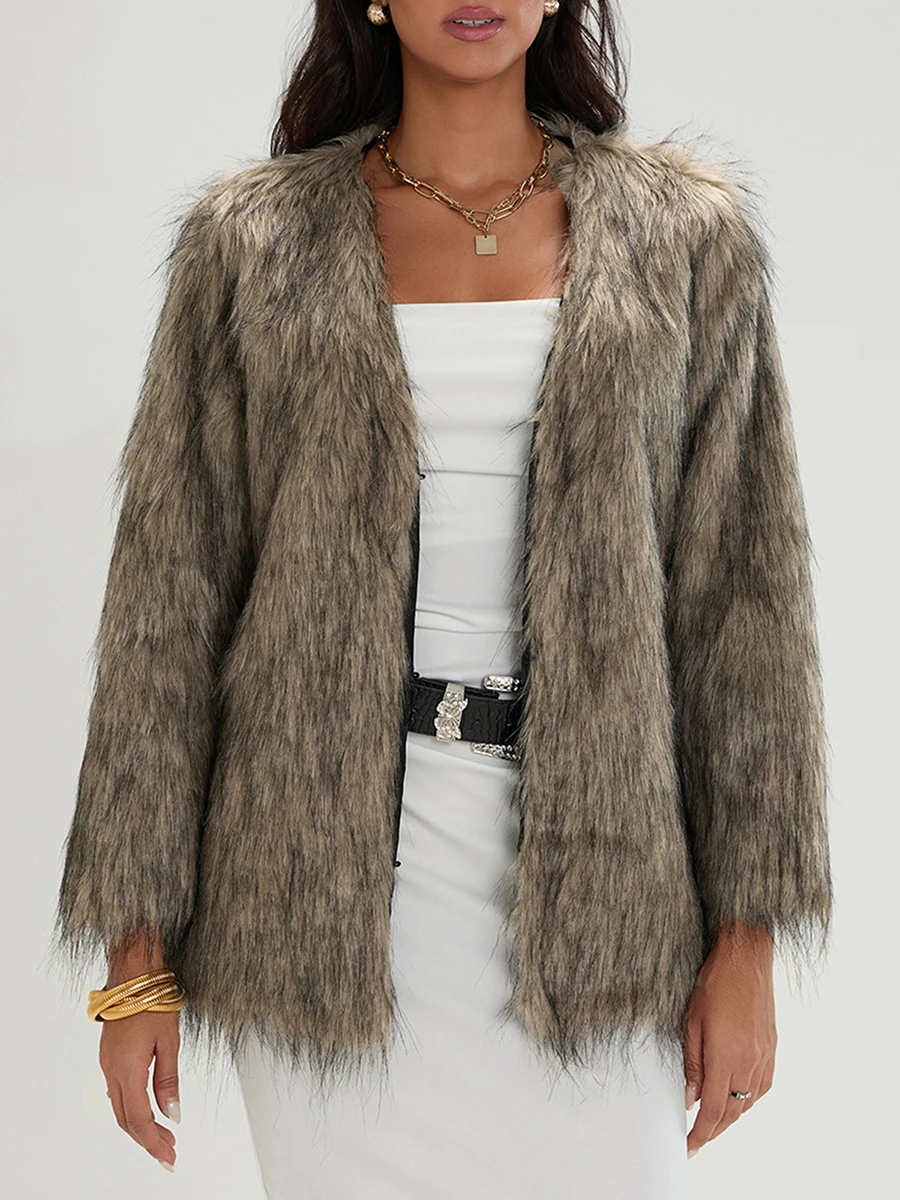 

2024 Winter Women's Luxury Faux Fur Coat Jacket Open Front Long Sleeve Winter Warm Coats Overcoat Outwear