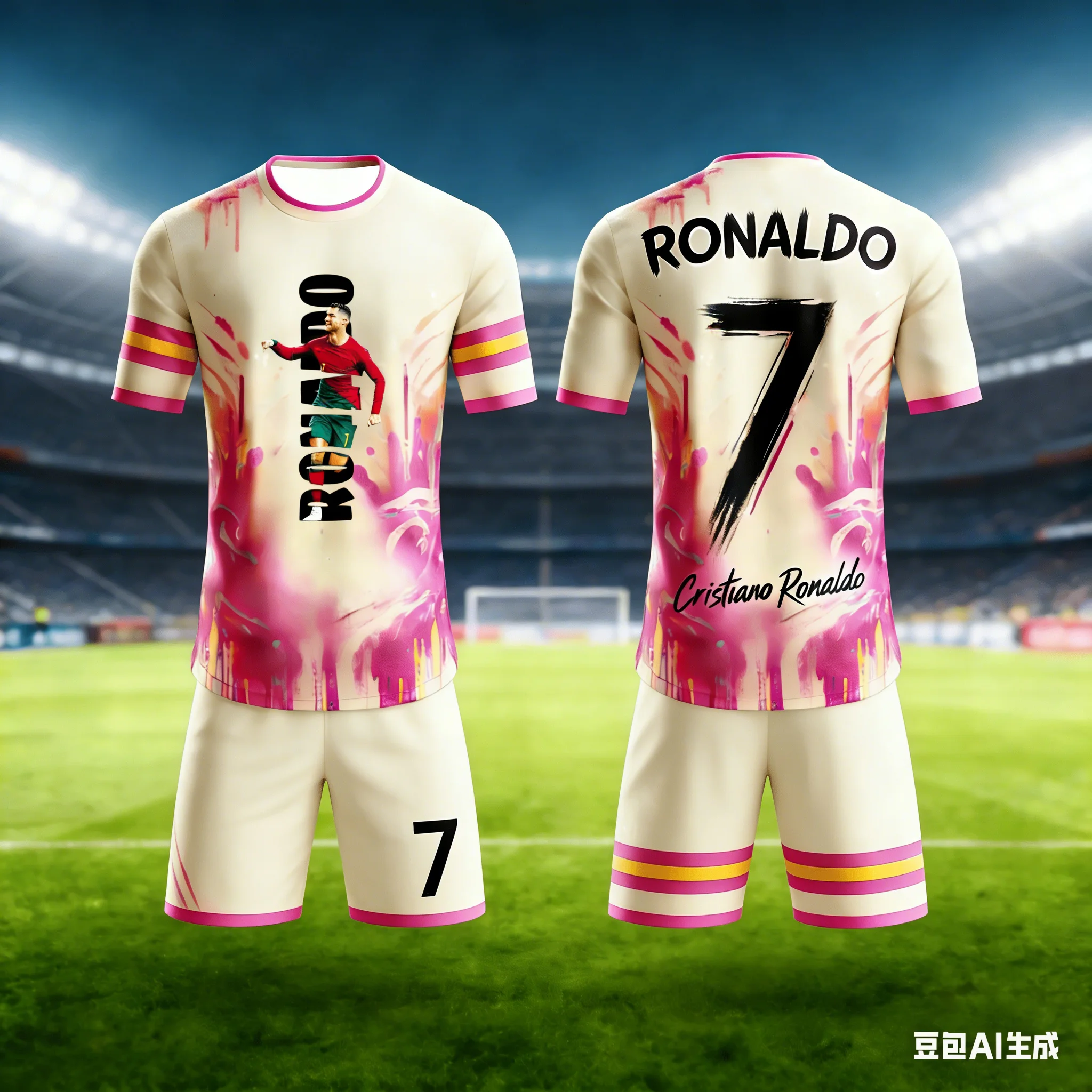 #Ronaldo No.7 # Men's and Women's Graffiti Printed T-shirt Shorts Football Sports Set Loose Quick Drying Summer New Style Kids