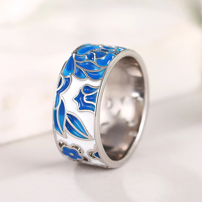 Huitan Delicate Blue Flower Finger Ring Female Anniversary Party Jewelry Aesthetic Graceful Accessories for Engagement Ceremony
