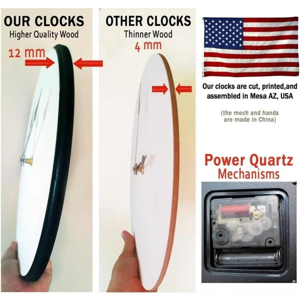 Reloj de pared de cuarzo ultra silencioso: hecho a mano en EE. UU. con un hermoso color duradero - Disponible en 8 tamaños