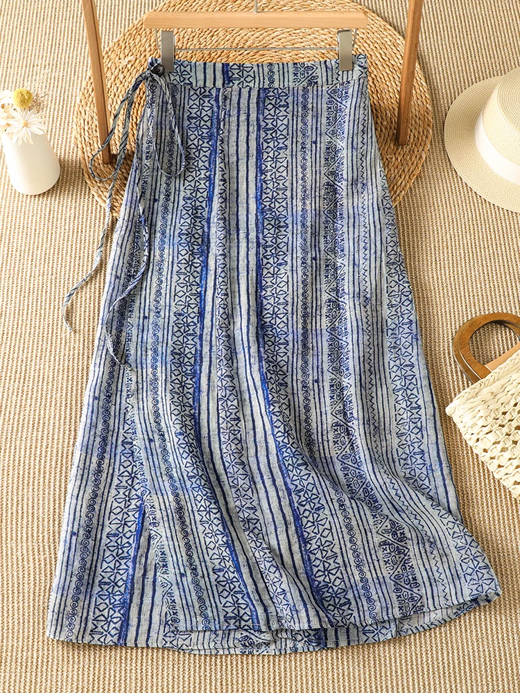 Retro Artistic Blue And White Porcelain Print Sash Split Half Skirt Women's Summer New Forest System Versatile Slimming Midi ...