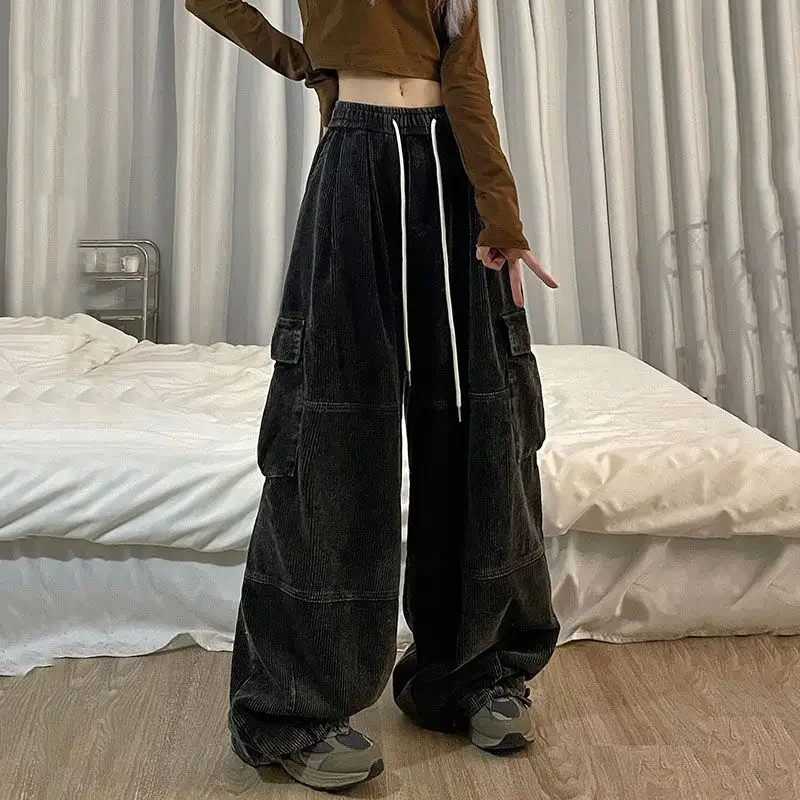 2024 New American Retro Corduroy Cargo Pants for Women Autumn and Winter Wide-leg Thickened Washed Outdated Straight-leg Pants