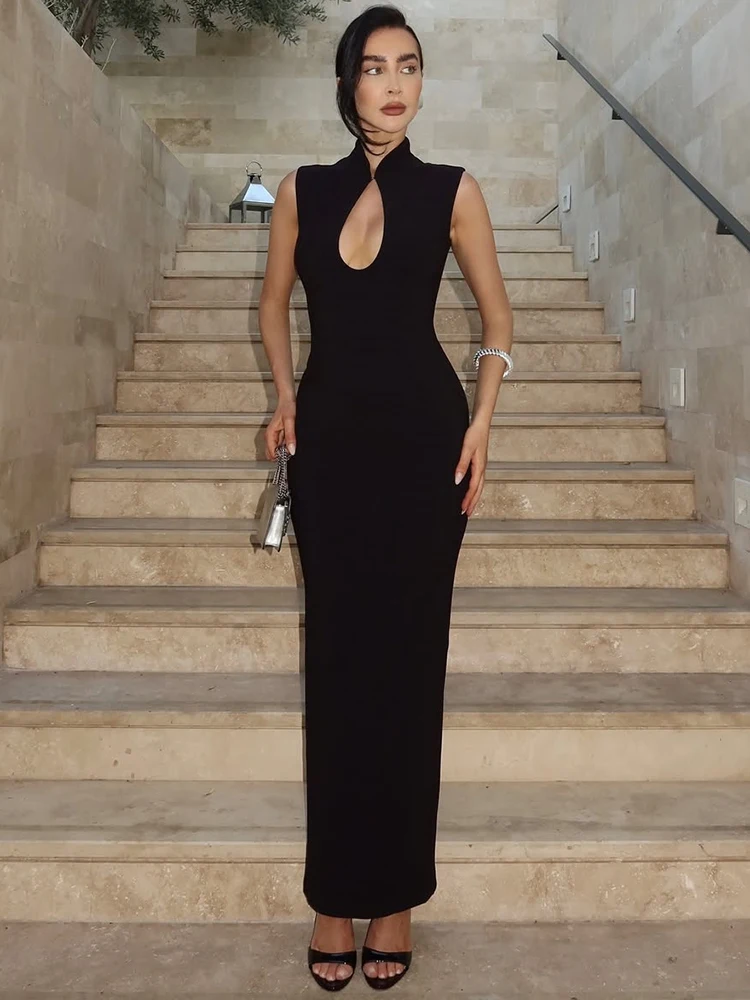 Women Gown Elegant Cut Out Turtleneck Bodycon  Party Long Dresses Female Hollow Out Sleeveless Sexy Maxi Dress
