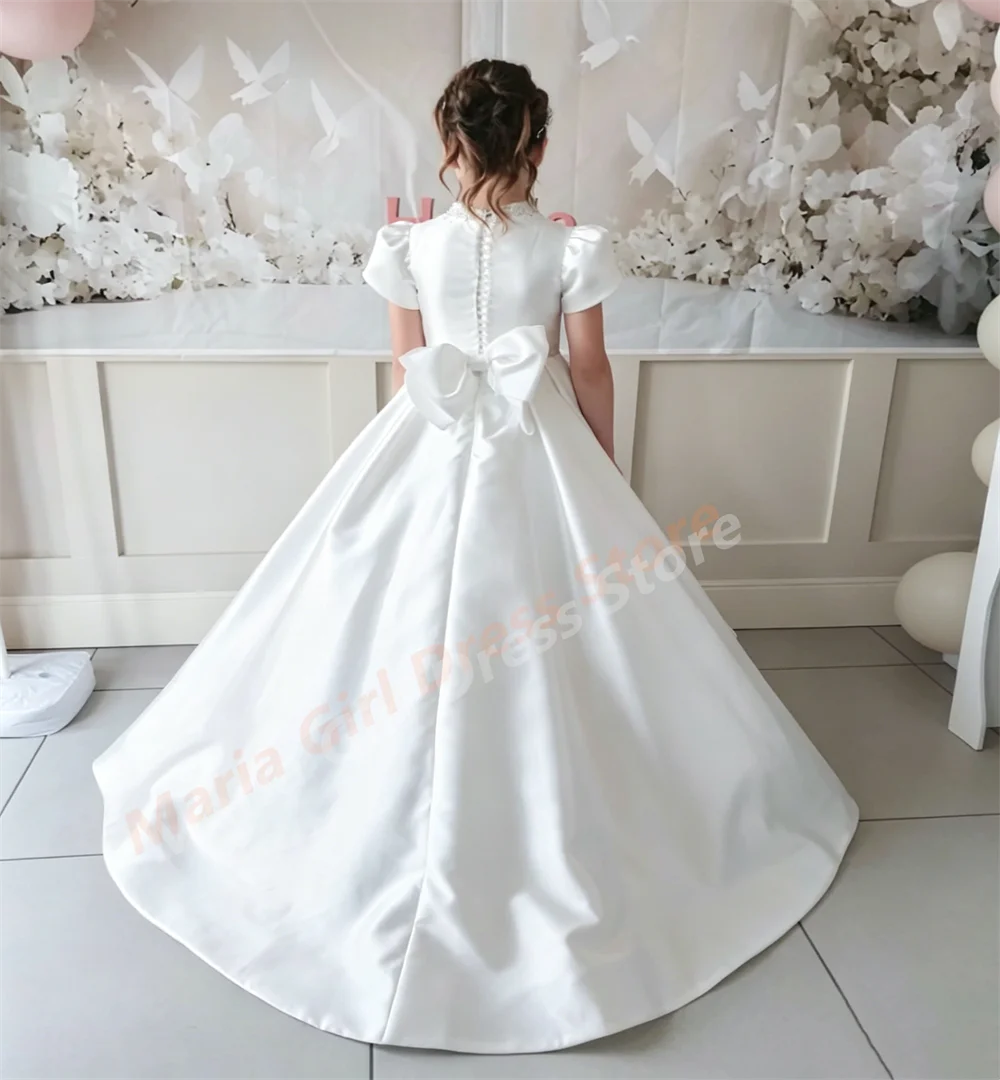 White Satin Bow Flower Girl Dress for Weddings Trailing Kids' First Communion Party Banquet Beauty Pageant Dress