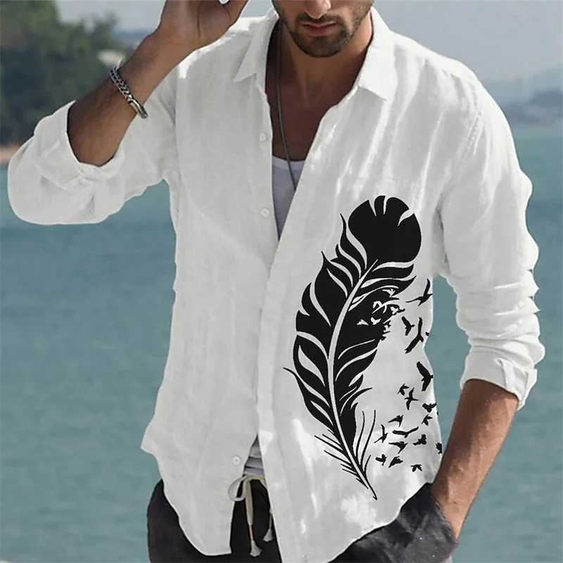 2023 New Fashion Luxury Social Men's Shirt Lapel Button Shirt Casual Feather Printing Long Sleeve Shirt Cardigan for Men's Ball