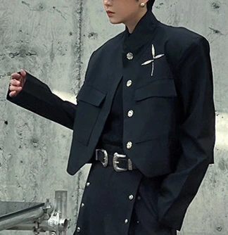 Men's 2025 Spring Autumn New Short Style Design Blazers Metal Decoration Stand Collar Long Sleeve Jacket Male Handsome Chic Tops