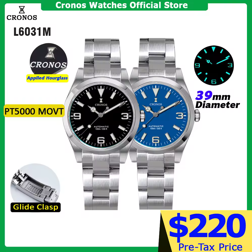 Relógio Mecânico Cronos EX Diver para Homens 39mm Automático PT5000 com Vidro de Safira e Bracelete Escovado com Fecho Deslizante 10ATM L6031