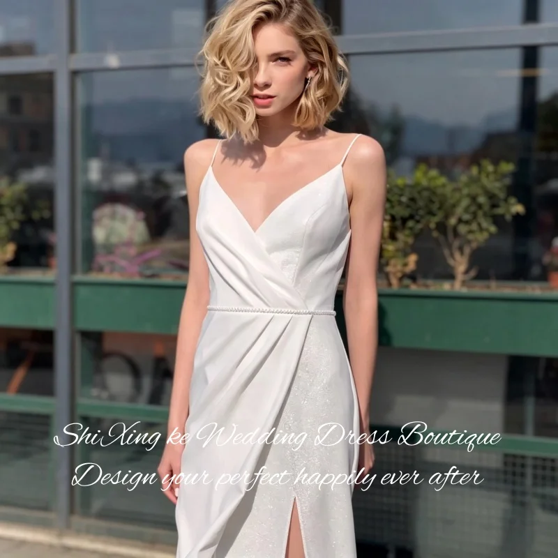 City Style Bridal Dress Natural Waist Satin V-Back Side Slit Wedding Gown Vestidos De Novia Customized