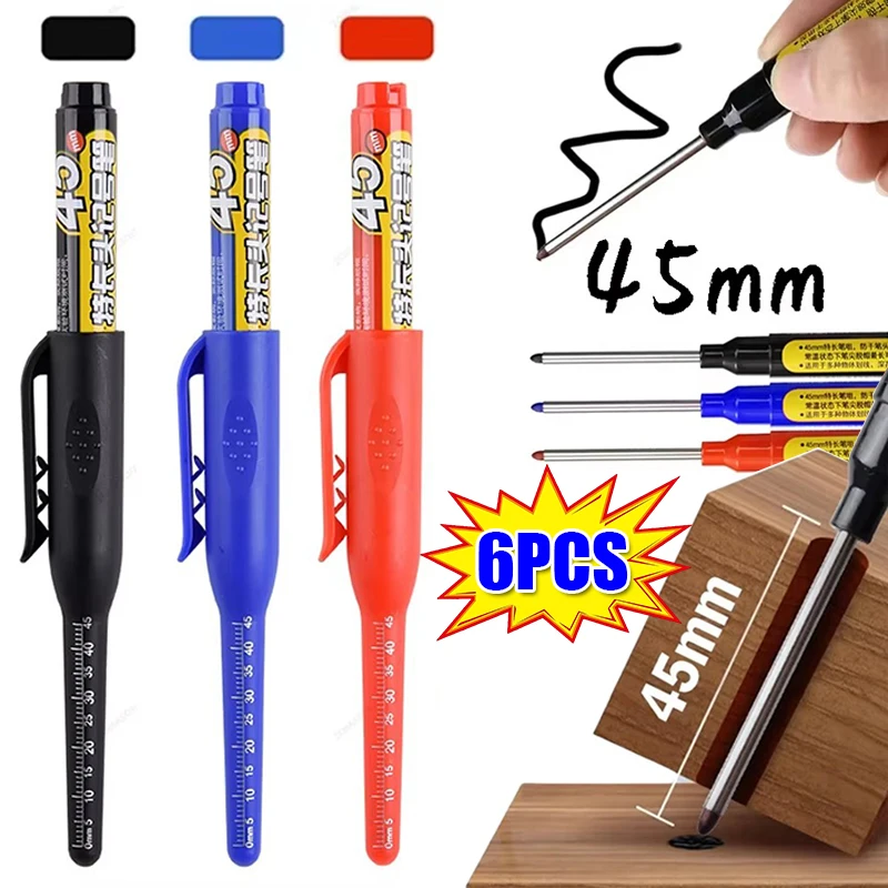 3/2/1Pcs Multi-Purpose 45mm Deep Drill Hole Long Nib Waterproof Marker Pens for Bathroom Woodworking Long Head Carpenter Pen