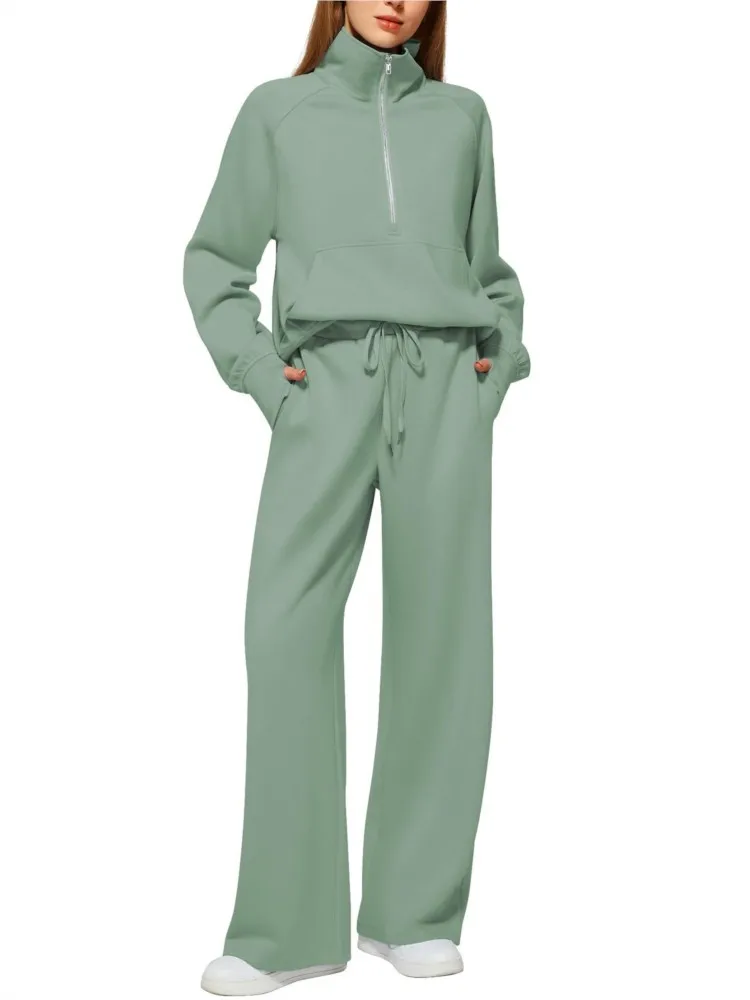 

2026 Spring And Autumn Women's New Two-piece Oversized Half-Zip Sweatshirt Wide-Leg Sweatpants Suit Fashion Casual Suit Female