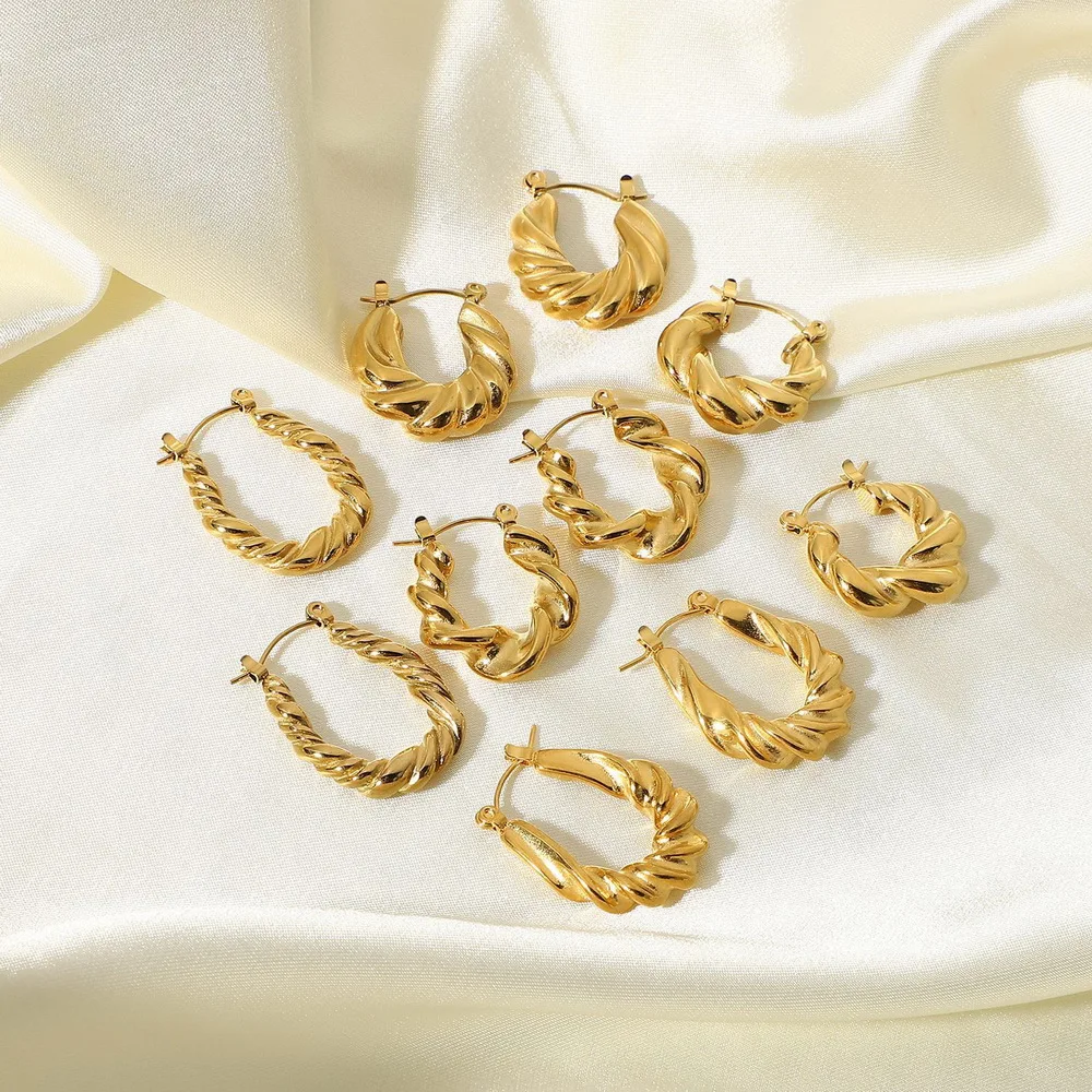 18K Gold Plated Stainless Steel Twisted Hoop Earrings for Women Chunky Textured Huggie Hoops Waterproof Statement Jewelry