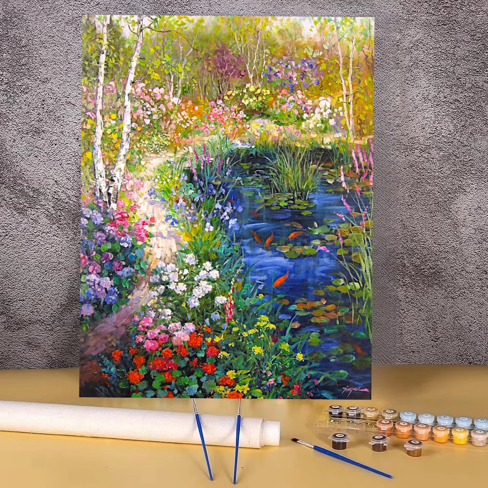Impressionistisches Blumenteich-Landschaftsbild Diamantmalerei nach Zahlen DIY Fantasie-Kunstwerk für Schlafzimmer-Wanddekoration Ohne Rahmen