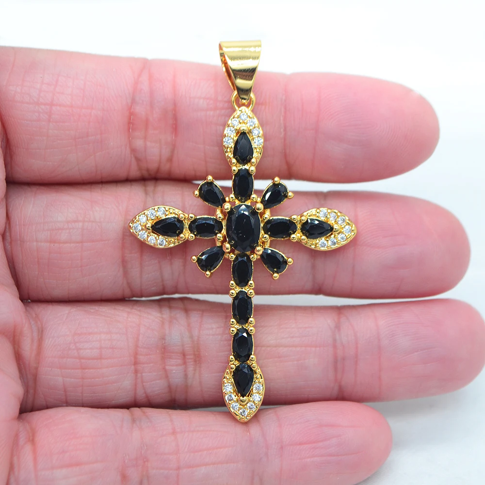 High Quality Black Cubic Zirconia Women Fashion Gold Color Flower Cross Pendant Jewelry