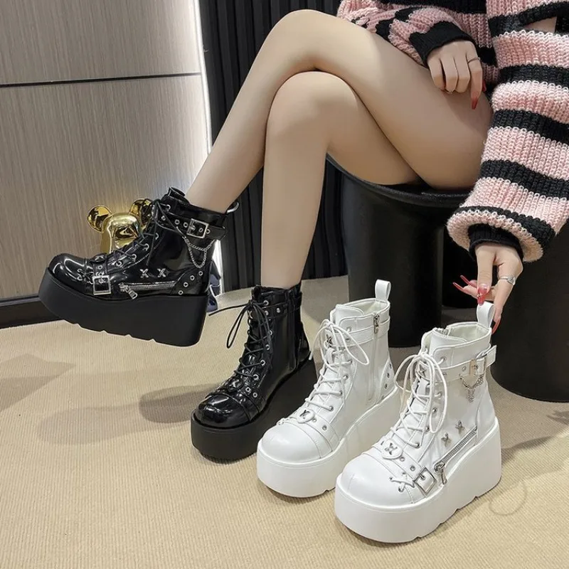 New Gothic Punk Style Platform Cosplay Women Mid-calf Boots 2025 Autumn Winter Wedges Comfy Women Short Motorcycle Boots Shoes