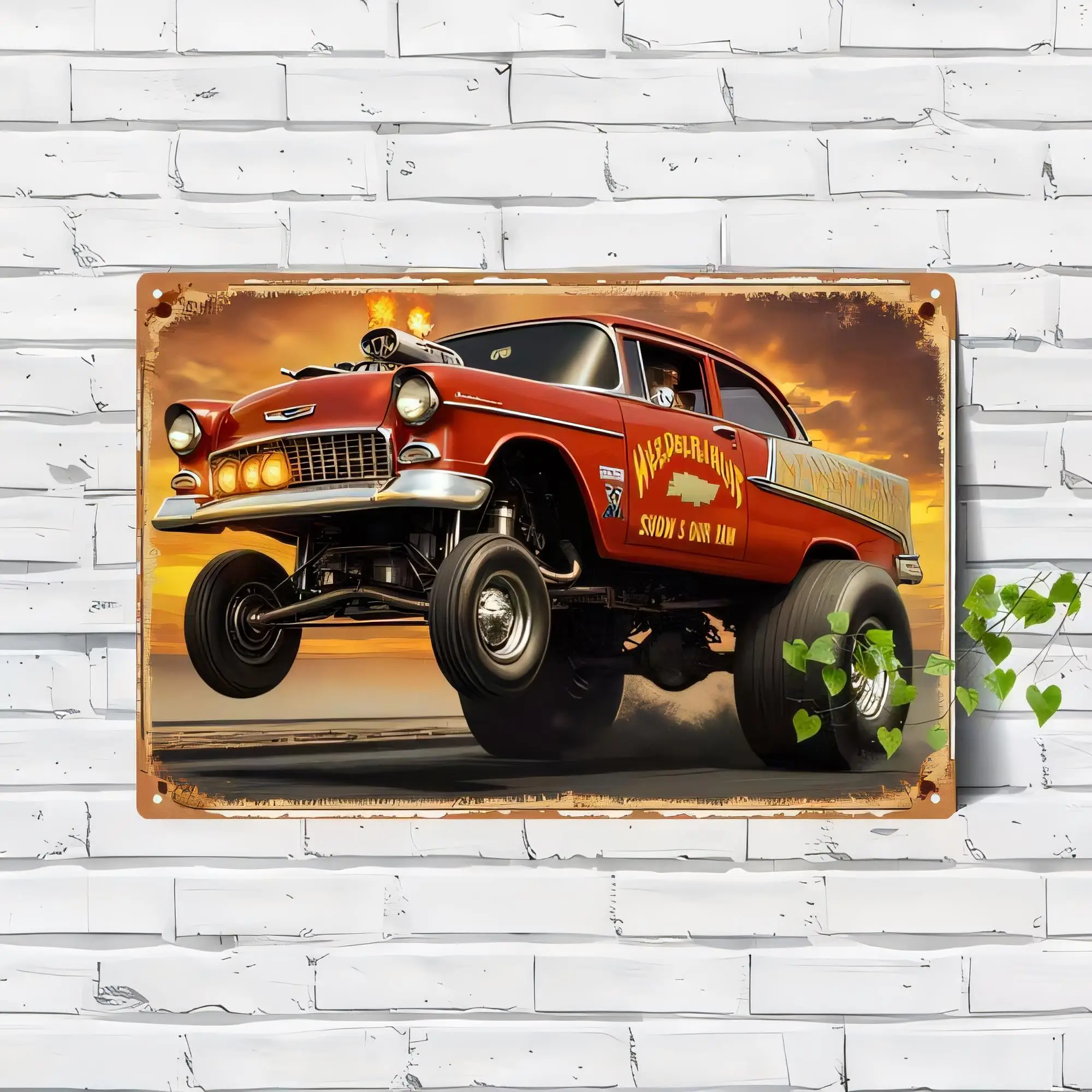Vintage Classic American Hot Rod Truck Tin Sign, Retro Garage Wall Decor, Rusty Orange 1950s Car Poster Metal Plaque, Industrial