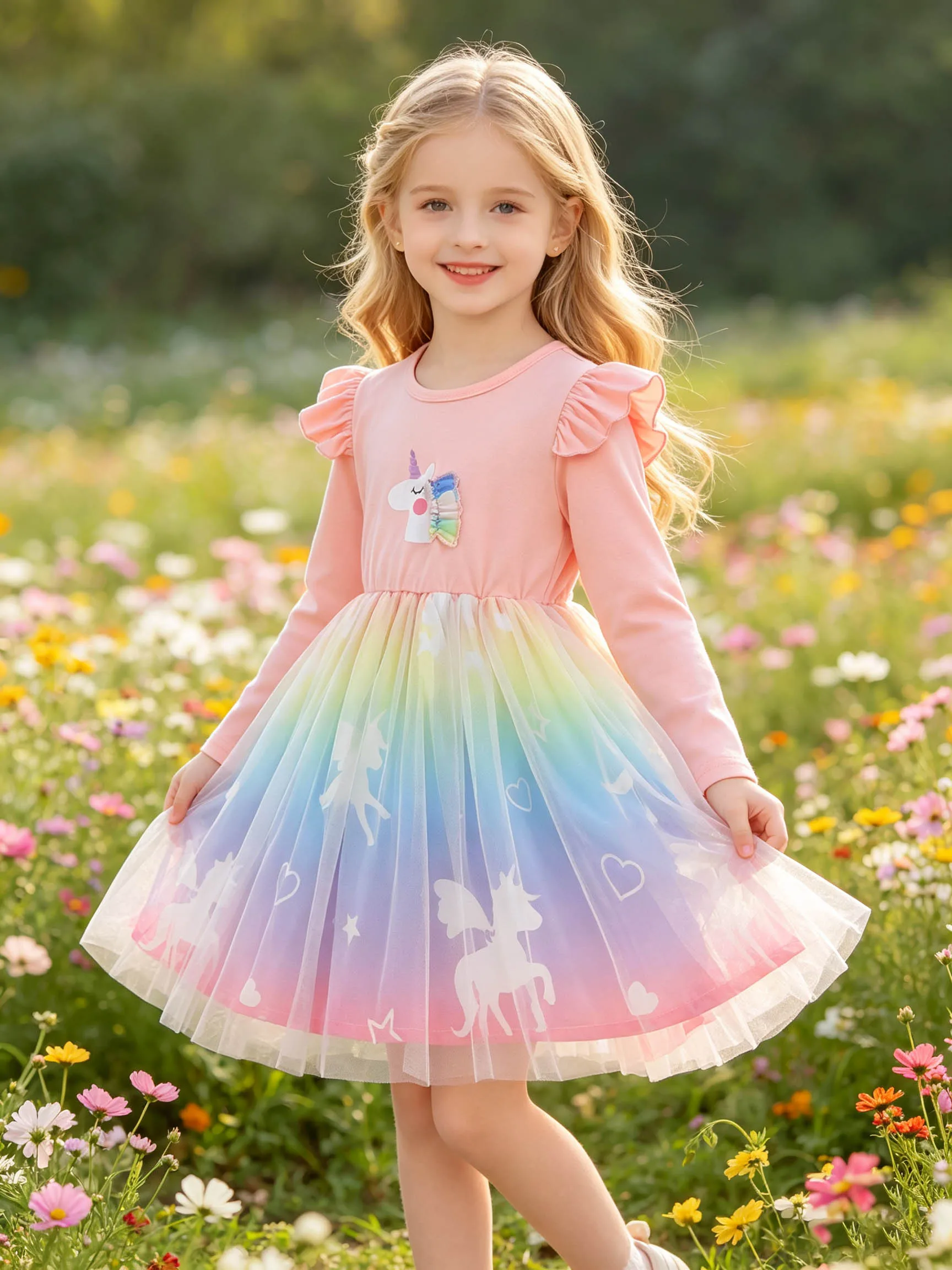 Mädchenkleid in Rosa mit Rüschen und Langen Ärmeln, Einhorn-Design, Makronen-Farbverlauf Regenbogen-Tüll Herz Pegasus Prinzessinnenkleid – Detail 4