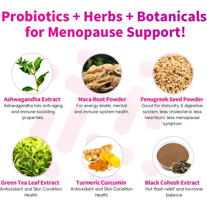 Suplemento Menopausal Feminino, Probióticos de Unidades de Colônia de 120 Bilhões, Complexo de Ervas 13 em 1 -60 Cápsulas