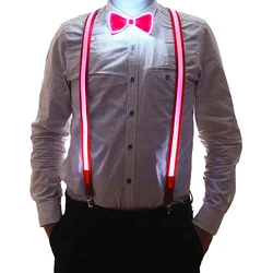 Light Up Suspender LED Bow Tie For Men Women Festival Party LED Suspender Bowtie Clips-on Braces Elastic Adjustable Pants Belt