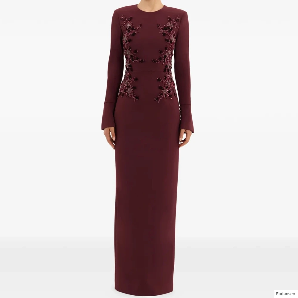 Straight Women's Evening Dresses Floor-length O-neck Full Sleeve Prom Gown Fashion Flowers Beading Button Customized Gowns