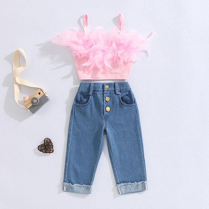 1-6Y Fashion Toddler Girls Clothes Pink Sleeveless Feather Camisole + Crimping Denim Pants with Pockets Summer Street Outfit