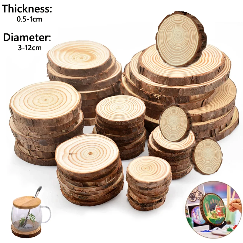 3-12cm Thick Natural Pine Round Unfinished Wood Slices Circles With Tree Bark Log Discs DIY Crafts Rustic Wedding Party Painting