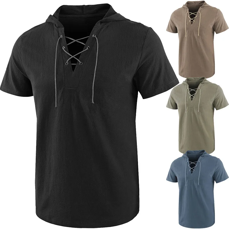 Men's Hooded Loose Tie Up Short Sleeved T-shirt Solid Color Casual European and American Style Top Summer New Men's Clothing