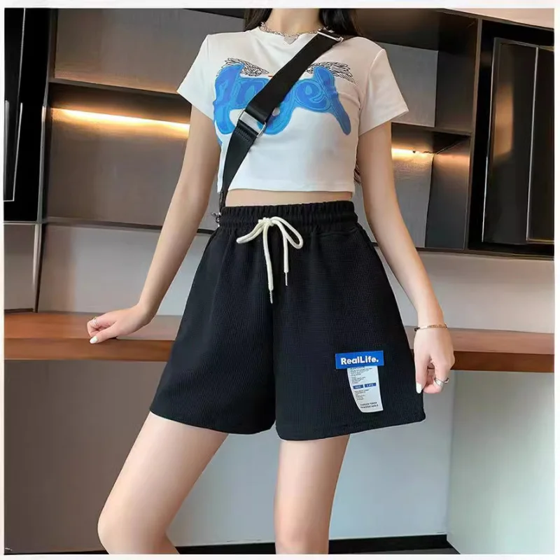 

Waffle Shorts Women's Summer Thin2025New Loose Straight Casual Wide-Leg Sports Shorts Fashionable Hair Generation