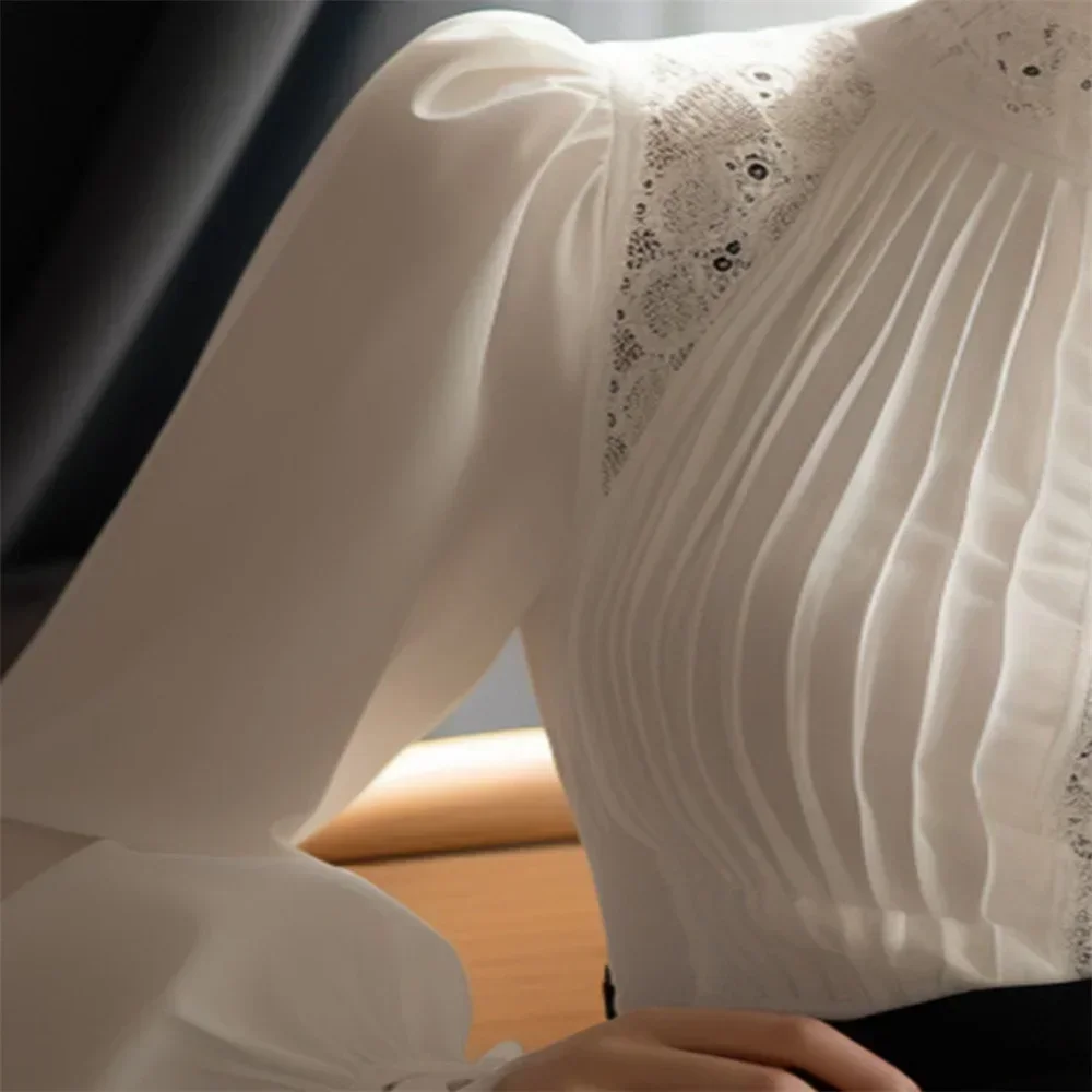 2025 Spring Ladies Patchwork Lace Hollow Out Long Sleeve Shirt Tops New Korean Fashion Women's Solid Color Stand Collar Blouses