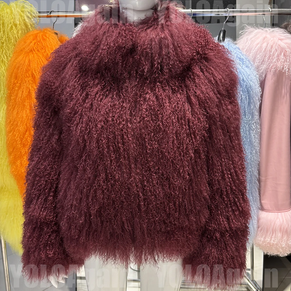 YOLOAgain High Collar Real Mongolia Sheep Fur Jacket For Women 2025 Winter Coats Outerwear