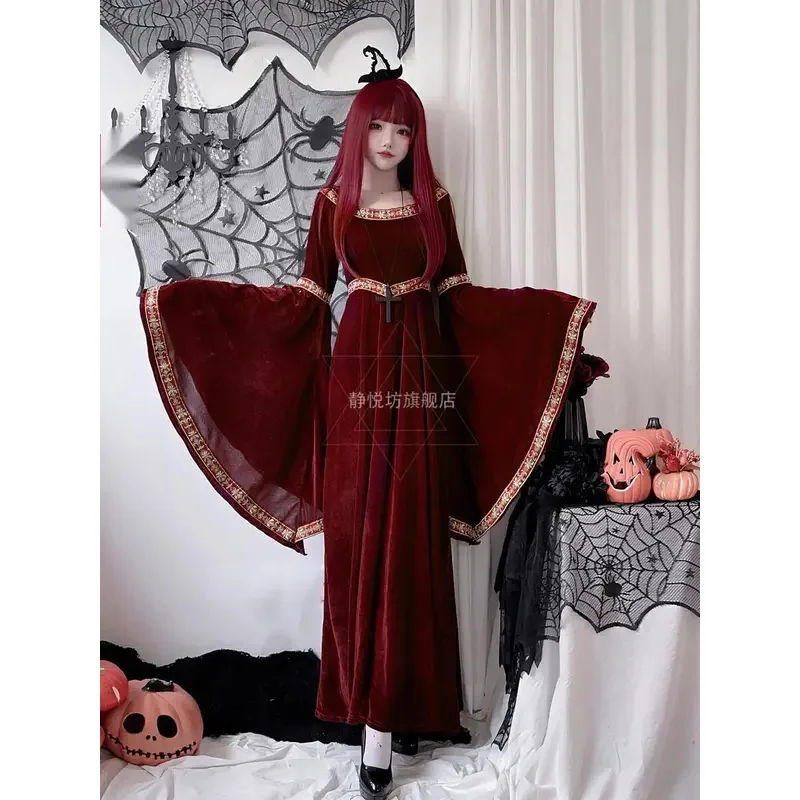 هالوين الكبار الرجعية القرون الوسطى المحكمة مقنعين الملكة تأثيري فستان الساحرة مصاص دماء فستان طويل زي زي