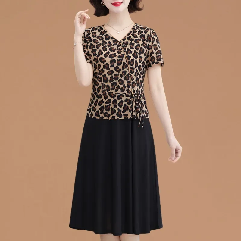 

Women's Leopard Print Two-Piece Dress Short Sleeve V-Neck Drawstring Top A-Line Skirt Casual Outfit