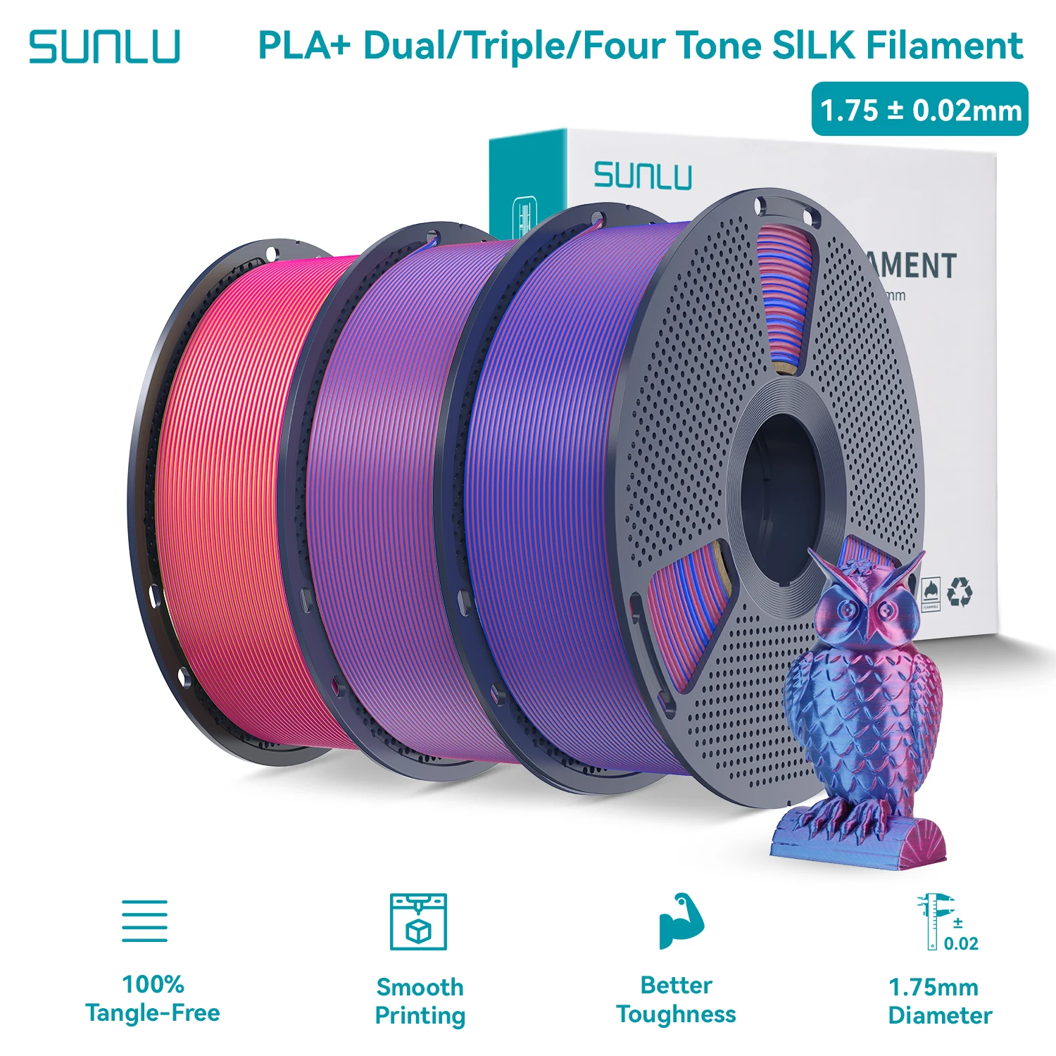 Filamento para Impresora 3D SUNLU Silk Pla Plus de 1.75 mm, Filamento de Texturas Brillantes de Seda Pla de Uno, Dos, Tres o Cuatro Tonos con Bobina Reutilizable de 1 kg