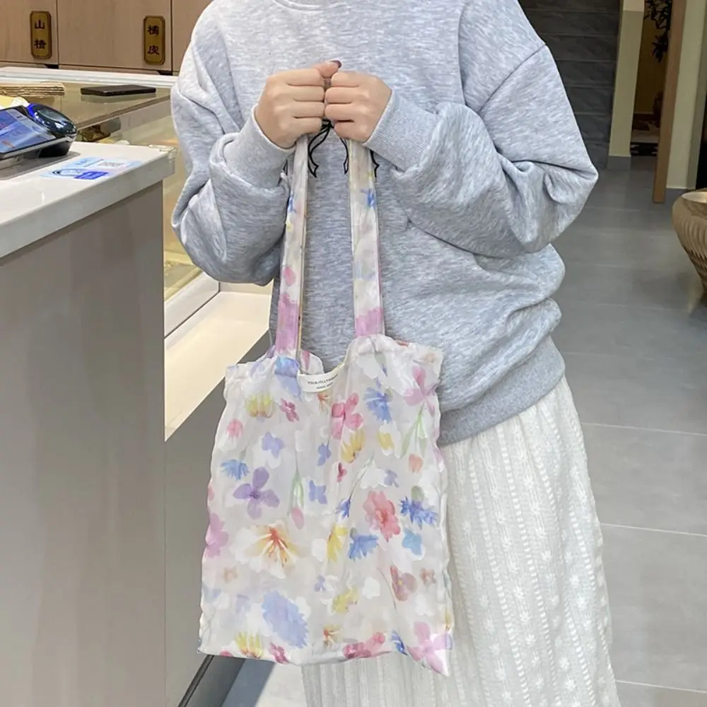 

Korean Style Mesh Floral Handbag Flower Print Large Capacity Full Embroidery Flowers Tote INS Portable