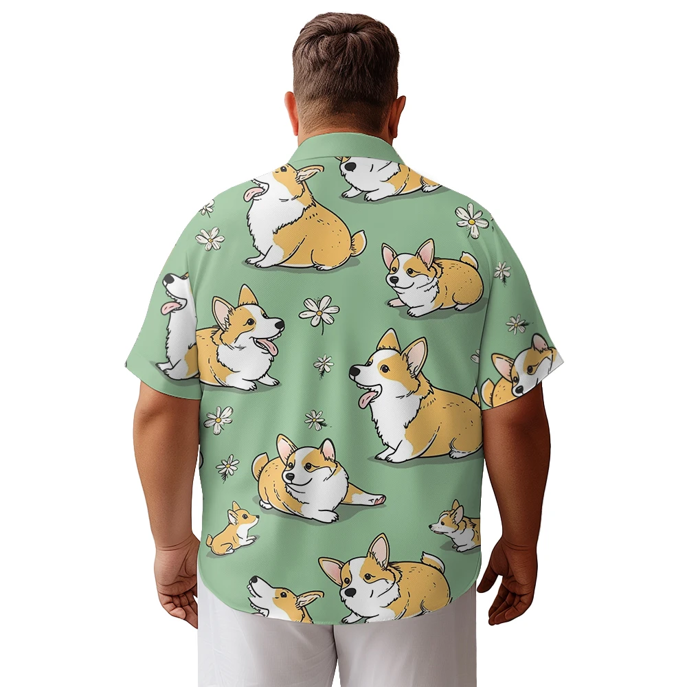 2024 new  Men's shirts plus size Grass resting cute corgis printed clothing casual short-sleeved