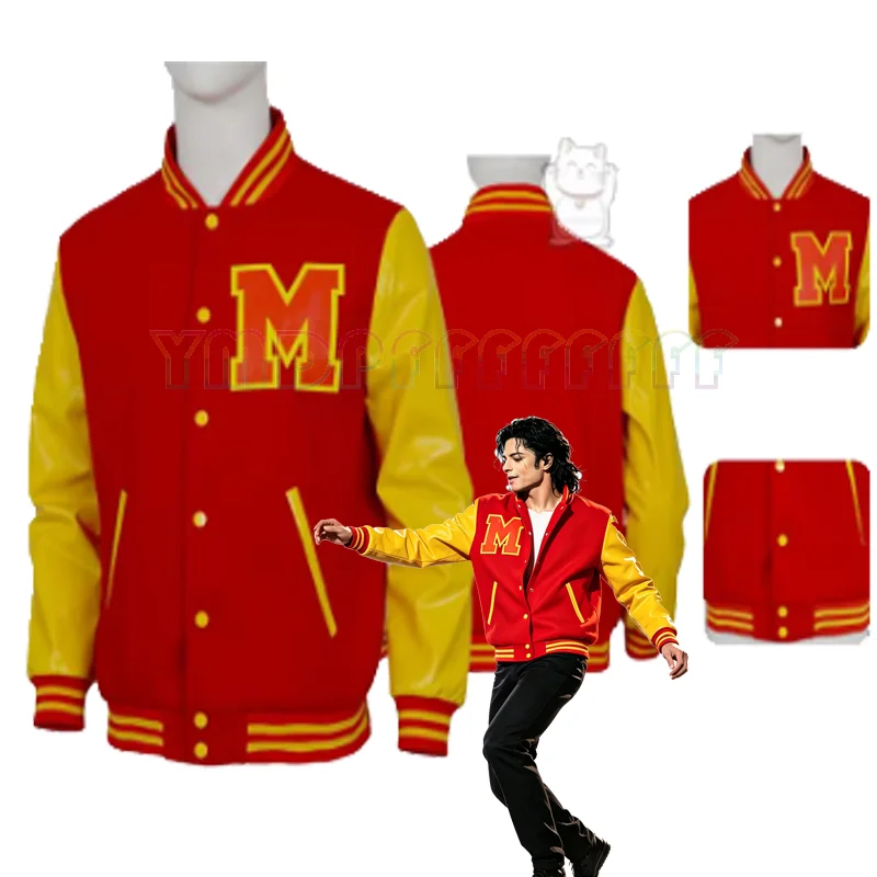 Veste de baseball rétro style équipe scolaire, motif blocs rouge et jaune, pour cosplay Michael Jackson, thème Carnaval Fantaisie de Pâques Black Pride