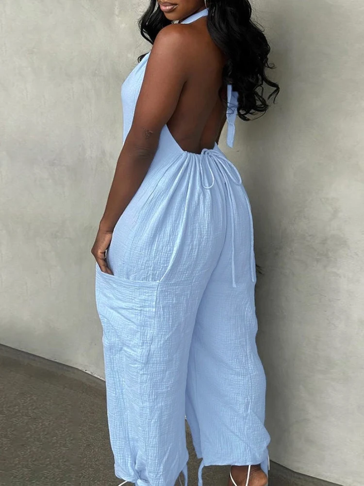 Casual Long Jumpsuits for Women Clothing Summer 2024 Trend Halter Tied Detail Pocket Design Jumpsuit Woman One Pieces Outfit