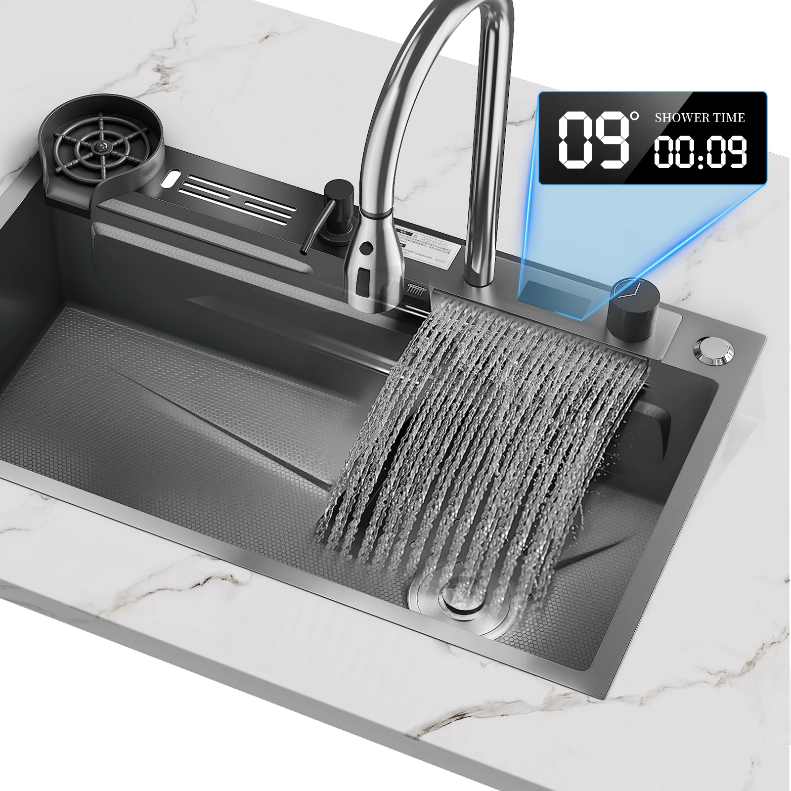Edelstahl-Wasserfall-Küchenspüle mit großem Einzelbecken und integriertem Digital-Display-Wasserhahn-Set für Geschirr, Obst und Gemüse – Detail 2