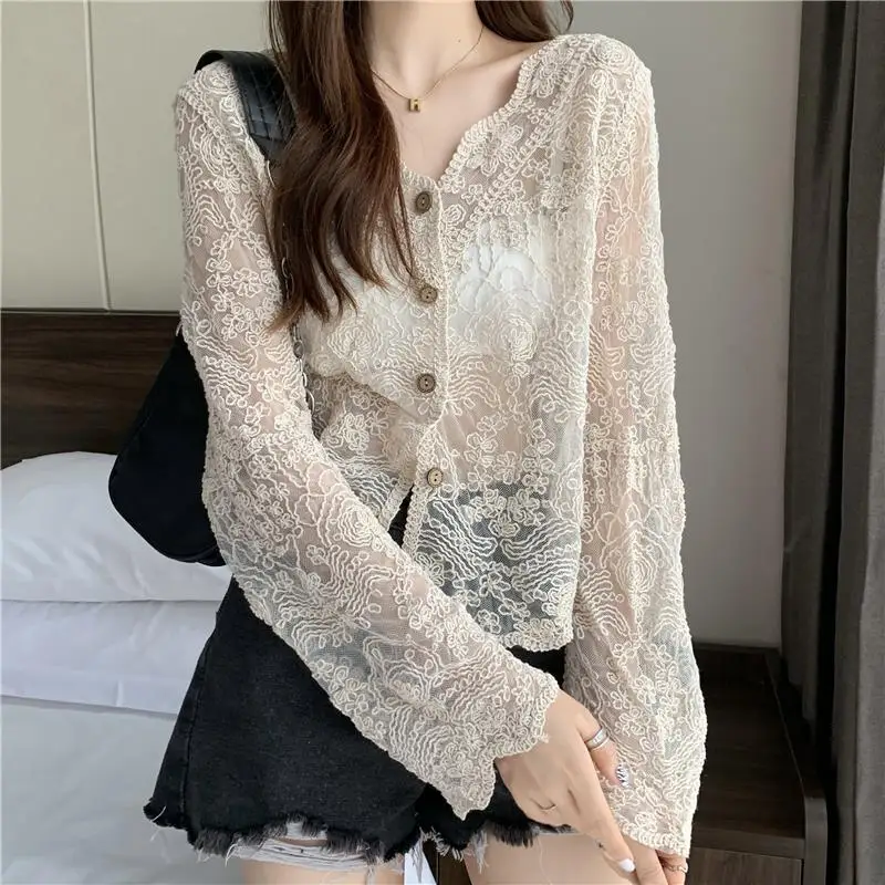 Korean Sexy Female Perspective Solid Lace Tops Spring Summer Thin Casual All-match Long Sleeve Buttons Cardigan Women\'s Clothing