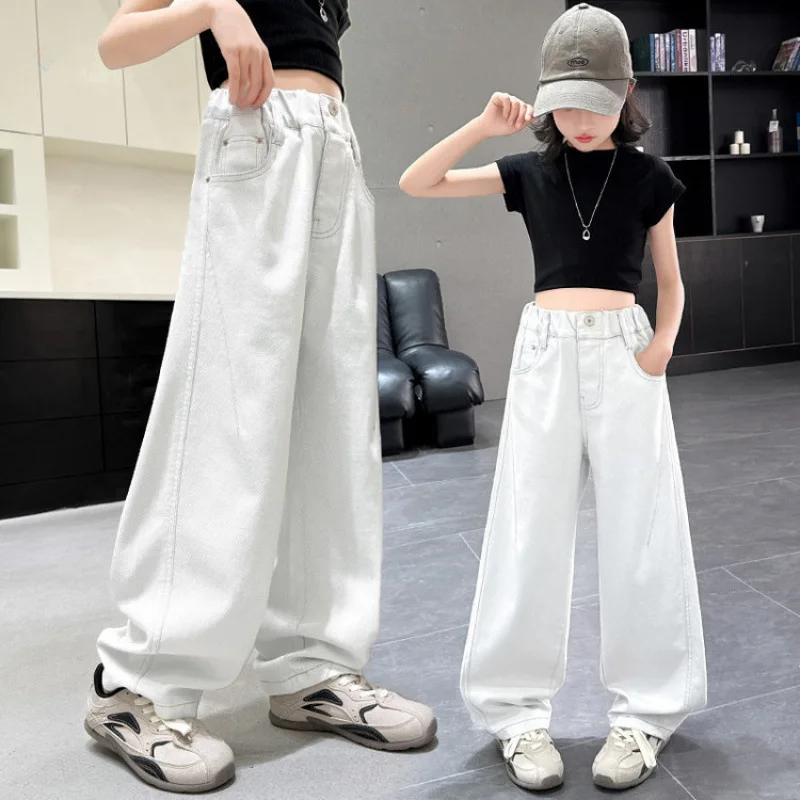Vintage White Straight Jeans for Girls with Bows Slim Loose Fit Denim Casual Trousers for Kids Teen Spring Autumn Daily Simple