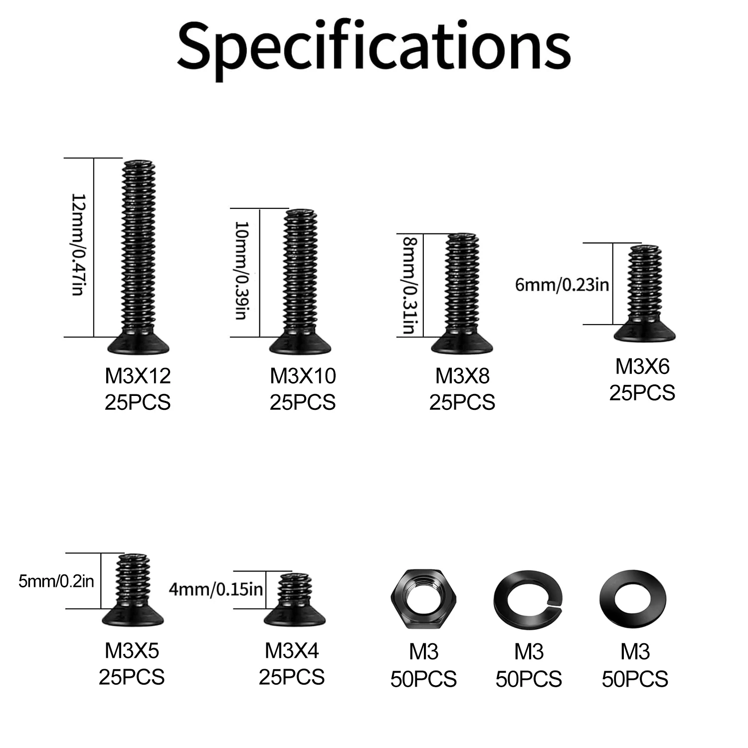 M3 Flat Head Machine Screws and Hex Nuts Kit 300PCS Carbon Steel Countersunk Head Phillips Screws Bolts Nuts Assortment Kit