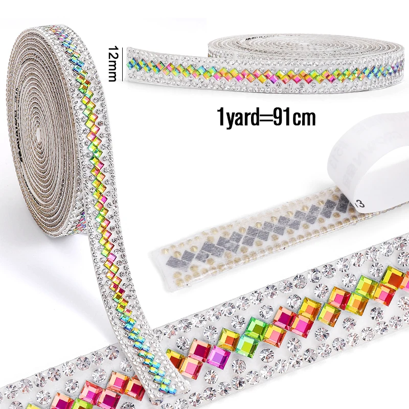 QIAO 12mm 1Yard Self Adhesive Glass Rhinestone Ribbon Diamond Ribbon Crystal Roll Glitter Diamond Belt Bling For DIY Art Craft